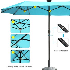 FREE SOLDIER 13FT Double-Sided Patio Umbrellas With 36 LED Lights, Outdoor Extra Large Umbrella with Crank, Market Twin Table Umbrella with Solar lights for Patio Garden Yard Pool (Turquoise)