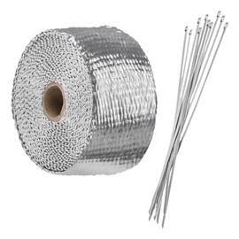 UHANBUT 2" x 16Ft Motorcycle Exhaust Heat Wrap Tape, Fiberglass Exhaust Tube Heat Shield Tape Roll with 10 Stainless Locking Ties, Universal Exhausts Manifold Accessories for Cars, SUVs (Silver)