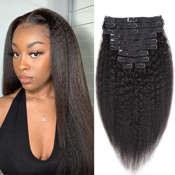 Seelaak Afro Kinky Straight 14 Inch Clip In Human Hair Extensions for Black Women 10A Brazilian Clip ins inky Straight Hair Extensions 100% Human Hair For Americans Black Women Yaki Coarse Double Wefts10A Grade Virgin Clip Hair Extensions 8pcs/set 120g (14 Inch/35cm)1B Natural Color ( Kinky Straight)