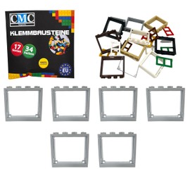 CMC imports Clamping Blocks 6 Windows + Window Frame 1 x 4 x 3 Nubs City Building City 60594 (Light Grey - Transparent)