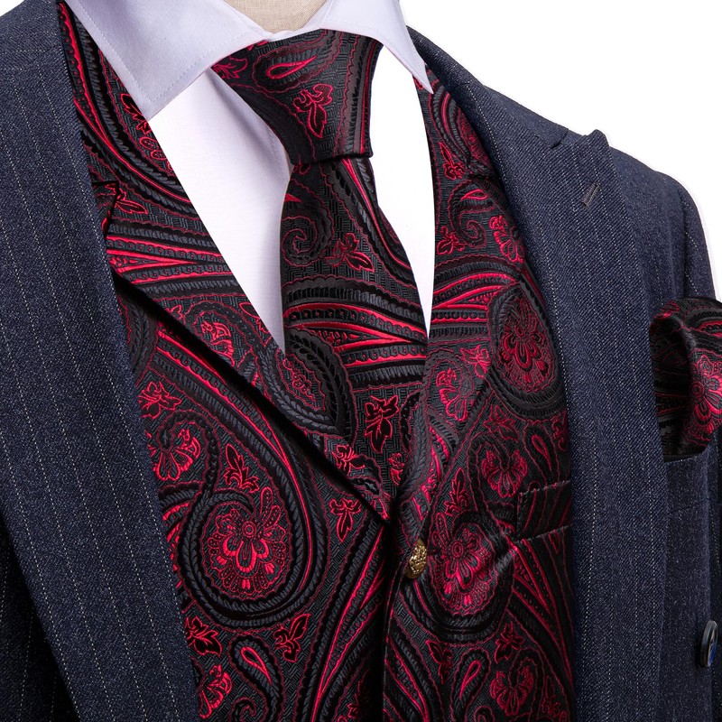 Barry.Wang Red Black Mens Silk Lapel Collar Vest Tie Sleeve