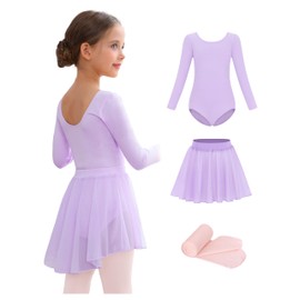 Mecceos Ballet Leotards with Skirt Tights Combo for Toddler Girls Dance Long Sleeve Leotard Ballerina Dresses Outfits (Purple, 4-6 Years, MEAM-322)