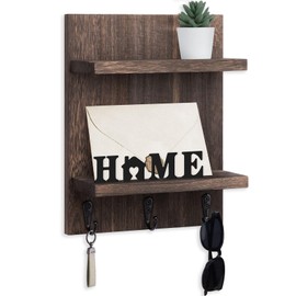 Lucundm Key Holder Wall Mount, Mail Shelf Decor with 3 Key Hooks, Versatile Wood Wall Organizer for Entryway Hallway (8.2” x 10.6”x 3.6”) (Home-Brown)