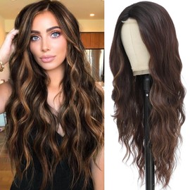 BEAUTIFA Brown Mix Blonde Wig for Women, Long Brown Highlights Wavy Wig Middle Part 26 Inch Brown Wigs Natural Looking Heat Resistant Synthetic Wig for Daily Party Use