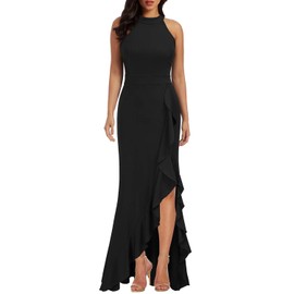 WOOSEA Women's High Neck Split Bodycon Mermaid Evening Cocktail Long Dress Black