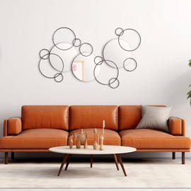 Hicarer 9 Pcs Split Decorative Wall Mirror Modern Black Wall Decor DIY Metal Wall Mirrors for Living Room Decor Circle Plates Overlapping Decorations Wall Decor Set for Hallway Entryway