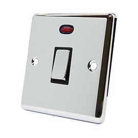 AET CPC20ASWIBC Polished Chrome Classical 20A DP Black Insert Metal Rocker Switch-20 Amp Double Pole Switch w/Neon Indicator