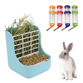NO Heiqlay 1 Hay Dispenser with Tray and 1 Drinking Bottle, Rabbit Hay Rack, Rabbit Hay Feeder, Less Waste Manger for Rabbits, Guinea Pigs, Chinchilla, Hamster, Small Animals