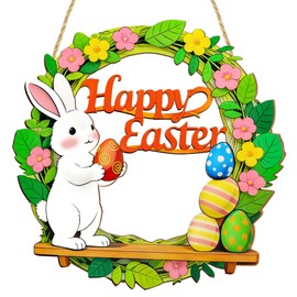 Easter Door Sign Wreath – Wooden Easter Wreath for Front Door, Bunny & Egg Decorations, Happy Easter Decor for Home Indoor Outdoor Hanging, Spring Easter Party Supply