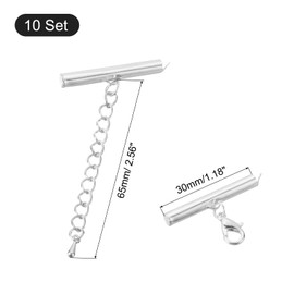 sourcing map 10Sets Slide on End Clasps with Lobster Claw Clasps & Extension Chain, 30mm Tube Slider Crimp Cord Ends for DIY Craft Making, Silver Tone