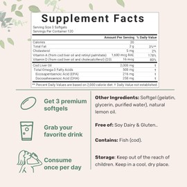 Cod Liver Oil 2,000mg Per Serving, 360 Softgels | Burpless Lemon Flavored – Rich in Omega 3, Vitamins A & D3, EPA, DHA | Wild Caught Arctic Deep Sea Fish | Heart, Brain, & Immune Supplement