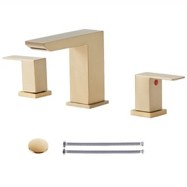 HOTIS HOME Modern Brushed Gold Bathroom Faucet, Bathroom Faucets for Sink 3 Hole, 8-Inch 3 Hole Brass Vanity Faucet, 2 Handle Waterfall Bathroom Sink Faucet with Supply Hoses and Drain