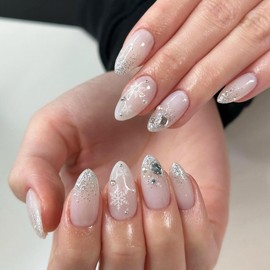 Christmas Press on Nails Almond Medium Snowflake Fake Nails with Nail Rhinestones Reusable Silver Glitter Acrylic Nails Snow Glue on Nails Full Cover Winter False Nails for Women Nail Designs 24Pcs