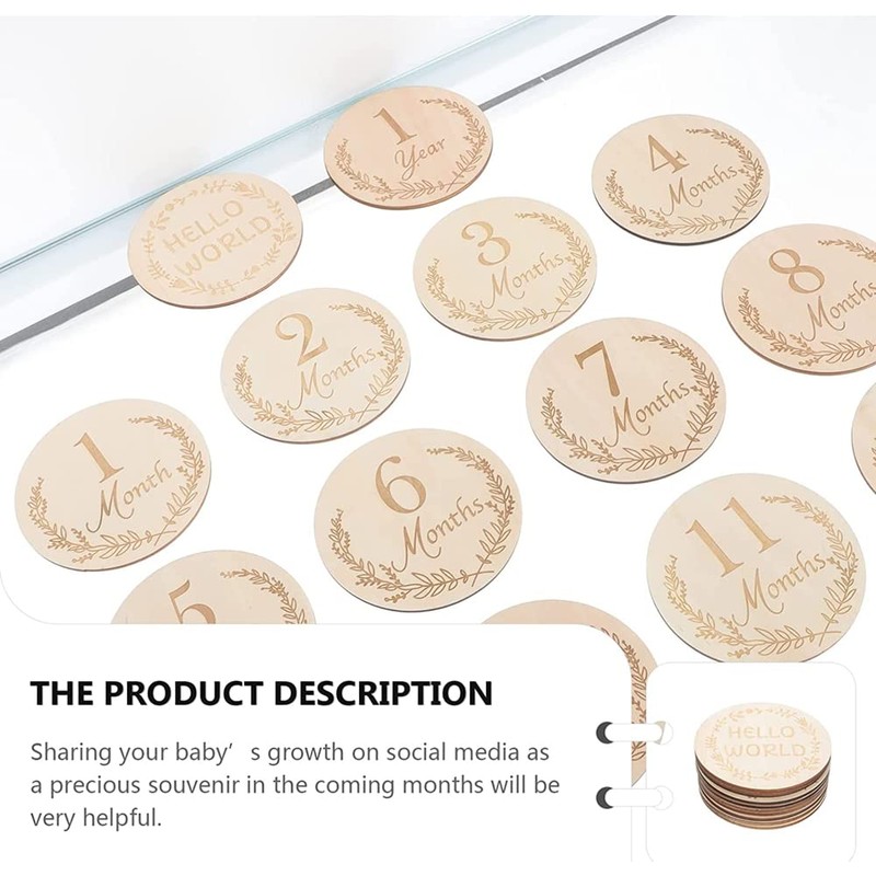 Pack of 14 Baby Milestone Discs, Baby Monthly Wooden Cards,