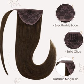 Hetto Real Hair Ponytail Extensions, Brown Braid Extensions, Real Hair, Remy Ponytail Extensions, Human Hair, Brown #4, 70 g, 35 cm