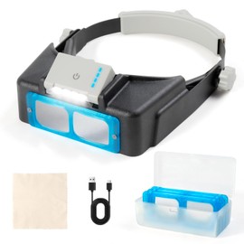 Headband Magnifier with Rechargeable Light,1.5X - 3.5X,4 Replaceable Lenses,Suitable for Jewelers,Crafts, Hobby,Reading and Close Work