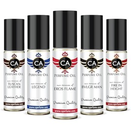 CA Perfume Best Fall Men Set Impression of (Eros Flame + Bvl. Man + Legend + Fire In Height + Tuscan Leather) Fragrance Body Oils Essential Sample Travel Size Roll-On (0.3 Fl Oz/10 ml) x5