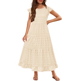 HOSIKA Girls Maxi Dress Ruffle Sleeve Swiss Dot A Line Tiered Flowy Casual Party Dresses with Pockets for 6-12 Y Apricot
