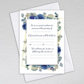 Pack of Funeral Invitation/Announcement cards with Envelopes: Dusty Blue Eucalyptus and Navy Rose Funeral Invitation/Announcement (Pack of 20 with Envelopes)