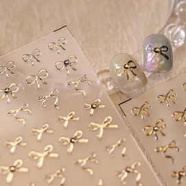 5D Embossed Bow Nail Art Stickers Gold Glitter Nail Design Stickers Ribbon Nail Stickers Self Adhesive Gold Bow Nail Decals with Glitter Rhinestones Design for Women Girls DIY Nail Art Supplies