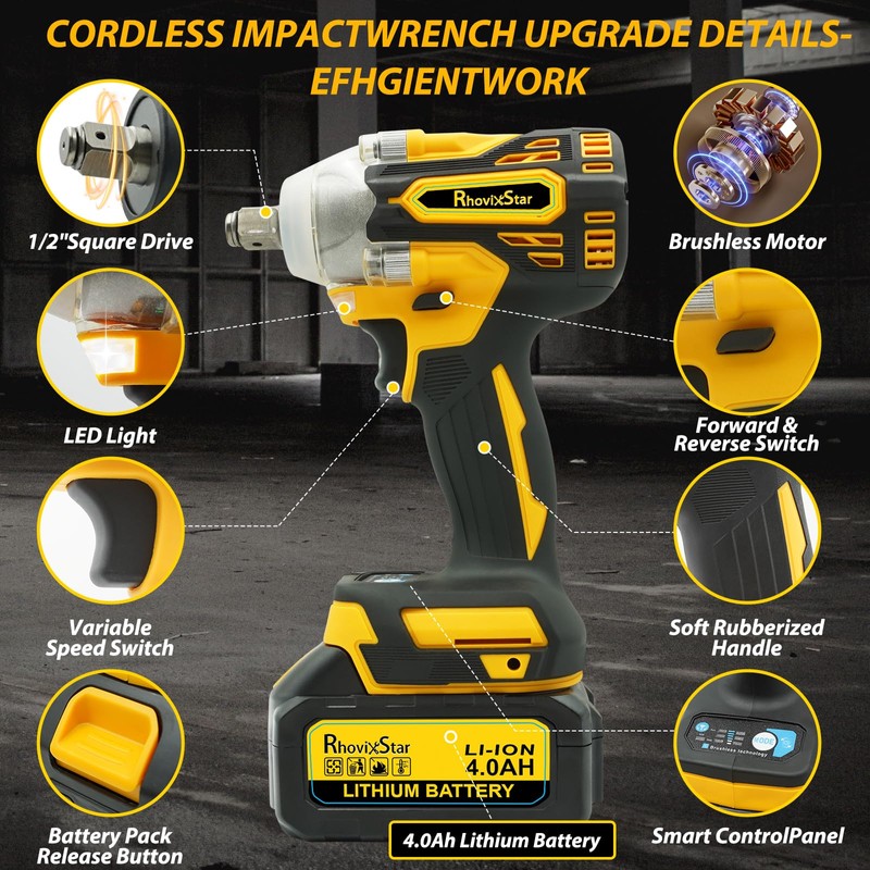 Rhovixster Cordless Impact Wrench 1/2 - 580N.M Max Cordless Impact