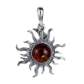 Amber Jewelry for Women - Sterling Silver Baltic Amber Sun and Crescent Moon Pendant Necklace, Includes 925 Sterling Silver Chain, Made in Poland