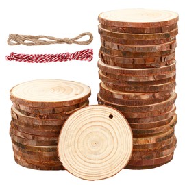 Pack of 40 Wooden Discs 7-8 cm, Round Wooden Discs for Crafts with Two Cotton Cords, Wooden Disc with Holes, Tree Discs Unfinished, for DIY, Crafts, Weddings, Holiday Decorations
