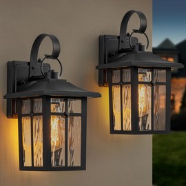 Lawyettle 2 Pack Dusk to Dawn Outdoor Wall Lights, Aluminum Exterior Light Fixtures Wall Mount with Ripple Glass, Waterproof Black Porch Lights, Outside Wall Lantern for Entryway, Garage, Patio