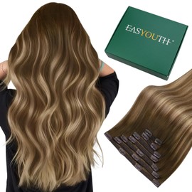 Easyouth Hair Extensions Clip in Real Hair Ombre Brown Clip in Hair Extensions Real Human Hair Balayage Brown to Blonde Clip in Human Hair Extensions 22 Inch 120g 7Pcs