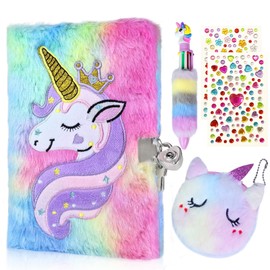 GROFIS Set of 4 Unicorn Plush Diary with Lock, 160 Pages Double-Sided Notebook A5 Lined, Secret Journal with Unicorn Purse, Pen, Stickers, Gifts for Girls Children