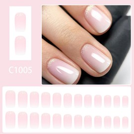 Short Square Press on Nails Pink False Nails with Gradient Designs Glitter Fake Nails Glossy Skin Tones Glue on Nails Reusable Full Cover Artificial Stick on Nail for Women Girls Manicure 24Pcs