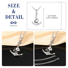 INFINIONLY Men Stainless Steel Necklace Punk Anchor Skull Pendant with 55cm Chain Men's Ghost Head Hip Hop Necklace Vintage Accessories Jewellery for Teenagers