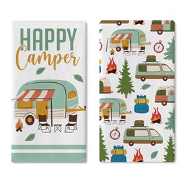 Croar Happy Camper Kitchen Dish Towels Set of 2, Camping RV Adventure Travel Drying Hand Towel Baking Cooking Cloth, Campsite Campfire Tree Bathroom Home Decoration 18'' x 26''