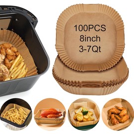 Runivor 100 Pcs 8” Square Non-Stick Disposable Air Fryer Liners, Non-Stick & Non-Leak Parchment Paper Liners for Airfryer Basket, Deep Fryer Parts & Accessories