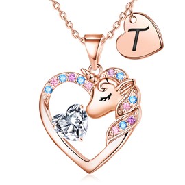 TINGN Unicorn Gift Chain for Girls, 14-Carat Gold-Plated Unicorn Chain, Heart Chain with Letters, Necklace, Jewellery, Birthday Gift for Girls, Gold, Cubic Zirconia