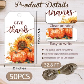 Fall Gift Tags with String, Happy Thanksgiving Sunflower & Pumpkin Gift Tags, 2 x 3.5 Inch Writable Hanging Labels, Decor for Celebrating Holiday, Birthday, Wedding, Autumn Harvest Party(50Pcs)-B03