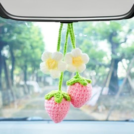 Accesorios de coche de fresa de ganchillo, adorno colgante de coche hecho a mano, para espejo retrovisor rosa, accesorios para colgar lindas decoraciones para mujeres y niñas, 2 unidades
