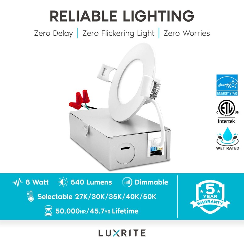 Luxrite 3 Inch Ultra Thin LED Recessed Light with Junction