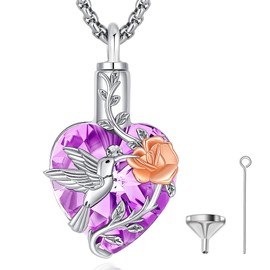EUDORA Heart Urn Necklace for Ashes S925 Sterling Silver with Purple Cubic Zirconia for Women, Hummingbird Ashes Keepsake Cremation Memorial Jewelry for Ashes of Loved One Human Cat Dog, 18"+20"