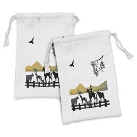 Lunarable Western Fabric Pouch Set of 2, Silhouette of Cowboy at Ranch Horse in Farm Rodeo American Folk Graphic, Small Drawstring Bag for Toiletries Masks and Favors, 9" x 6", Khaki Grey Seal Brown