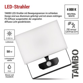 EMOS - Tambo LED spotlight with motion sensor - thin aluminium floodlight - waterproof - neutral white (4000 K) - 5000 lm - 50 W - 25,000 hours - beam angle 120° - for outdoor use - black