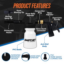 SwiftJet Car Wash Foam Gun + Microfiber Wash Mitt - Works with Any Soap - Garden Hose Car Foam Sprayer - Foam Cannon Car Wash Kit - Car Accessories Foam Blaster (Black Foam Gun with Mitt)