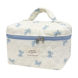 Quilted Makeup Bag,Large Capacity Travel Cosmetic Bag for Women and Girls,Aesthetic Storage,Suitable for Daily and Travel Use, Pink Bow, Bow Quilted