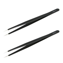 Aoje-Link ESD-11 Professional Anti-Static Precision Technology Tweezers, Non-Magnetic Fine Tip Straight, Stainless Steel Plastic Coated, Full Length 142mm, Black, 2pcs