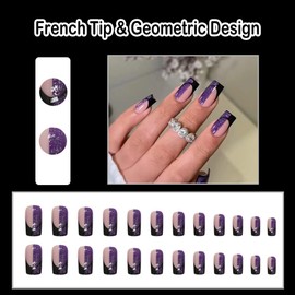 ANDGING French Tip Press on Nails Purple Black Square Short Medium Glue on Nails with Geometric Design Acrylic Fake Nails for Wedding Birthday Manicure False Nails Women Stick on Nail with Glue DK88G