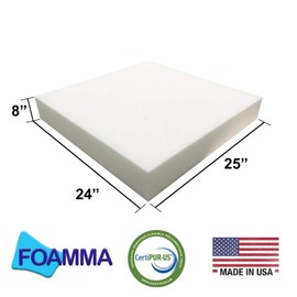 FOAMMA 8" x 24" x 25" High Density Upholstery Foam Cushion (Seat Replacement, Upholstery Sheet, Foam Padding) Made in USA!!