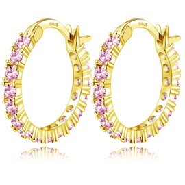 IUITY Gold Hoop Earrings for Women Hypoallergenic, S925 Sterling Silver Small Earrings | 14k Gold Plated Full Pink Cubic Zircon Hoop Earrings for Sensitive Ears, Silver Hoops Jewelry 13mm
