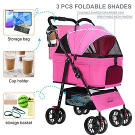 3 in 1 Pet Dog Stroller for Small Medium Dogs 10-50 lbs, Foldable Cat-Strollers for 2-Cats with Removable Carrier, Pet-Strollers for Cats with Storage Bag, Small Puppy-Stroller, Dog-Cart (Pink)
