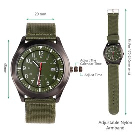 Vicloon Mens Watch, Analogue Quartz Watch, Military Watch Glow in The Dark Watches for Date Window and Green Nylon Strap Army Tactical Sports Minimalist Watches (White Window)