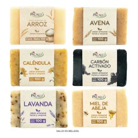 PACALLI Jabones Artesanales 6 Pack; Arroz, Avena, Caléndula, Carbón Activado, Lavanda y Miel. Ingredientes de origen natural, hechos a mano.
